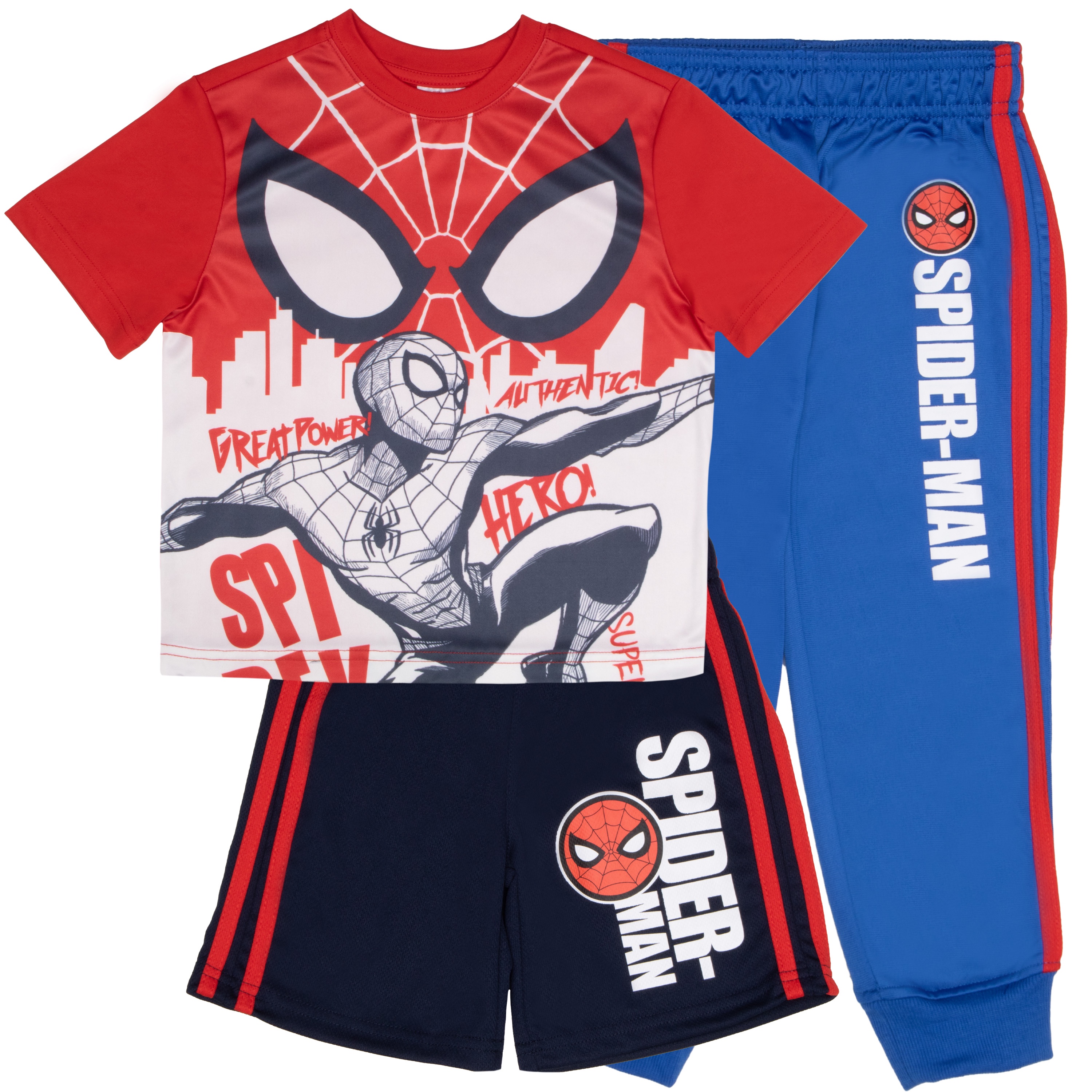 Spider-Man Boys 3-Piece Superhero Jogger Set - Spidey Short Sleeve Graphic T-Shirt, Shorts, \u0026 Sweatpants Bundle for Kids (Sizes 4-12)